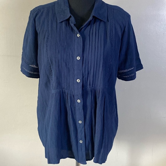 Style & Co Collared Pintuck Blue Short Sleeve Blouse Sz L NWT - Picture 1 of 9